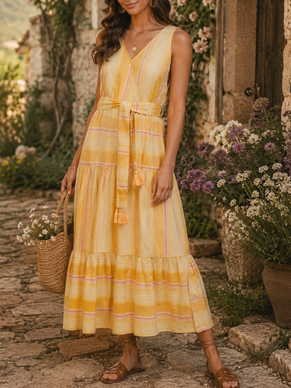 Tribal Femme Boho Cottagecore Sundress Medium Yellow Orange Pink Tiered Dress